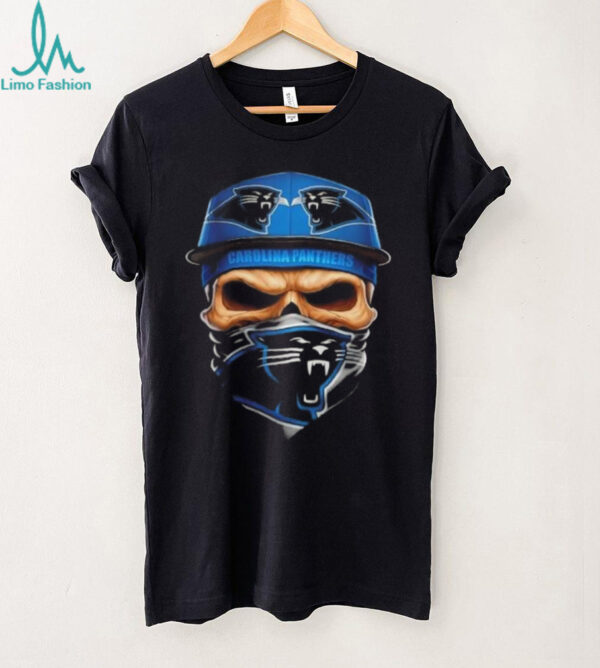 Skull wearing a face scarf Carolina Panthers football shirt