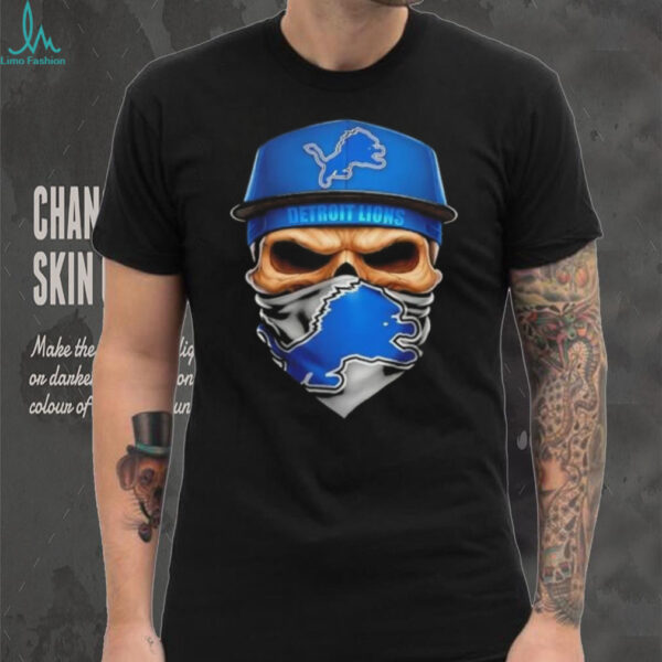 Skull wearing a face scarf Detroit Lions football shirt