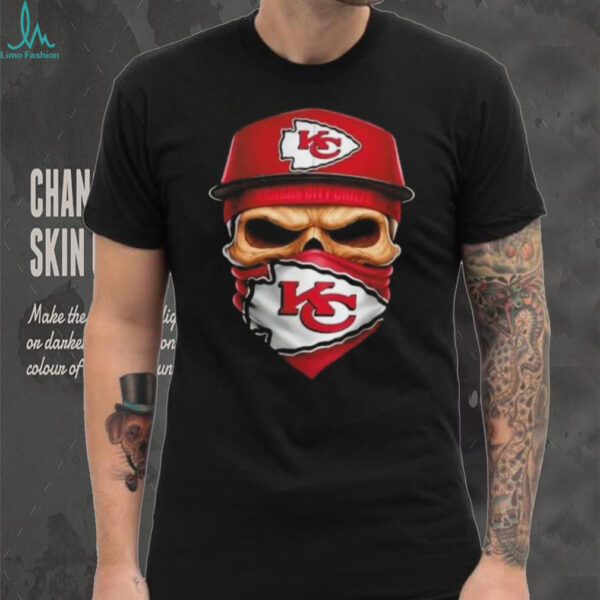 Skull wearing a face scarf Kansas City Chiefs football shirt