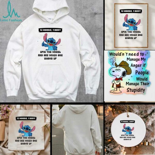 Stitch 12 moods 1 body spin the wheel and see which one shows up t shirt