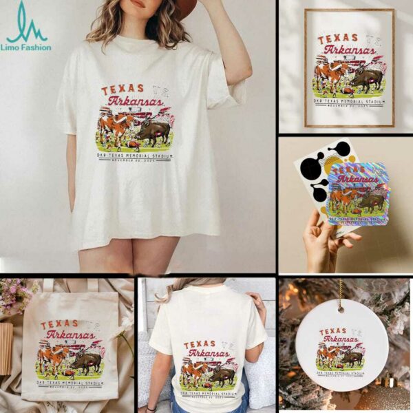 Texas Longhorns vs Arkansas Razorbacks DKR Texas Memorial stadium game day 2025 mascot football shirt