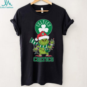 Boston Celtics Christmas Grinch Santa Hat Holiday 2025 TShirt