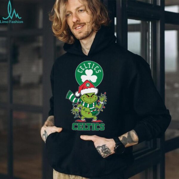 Boston Celtics Christmas Grinch Santa Hat Holiday 2025 TShirt