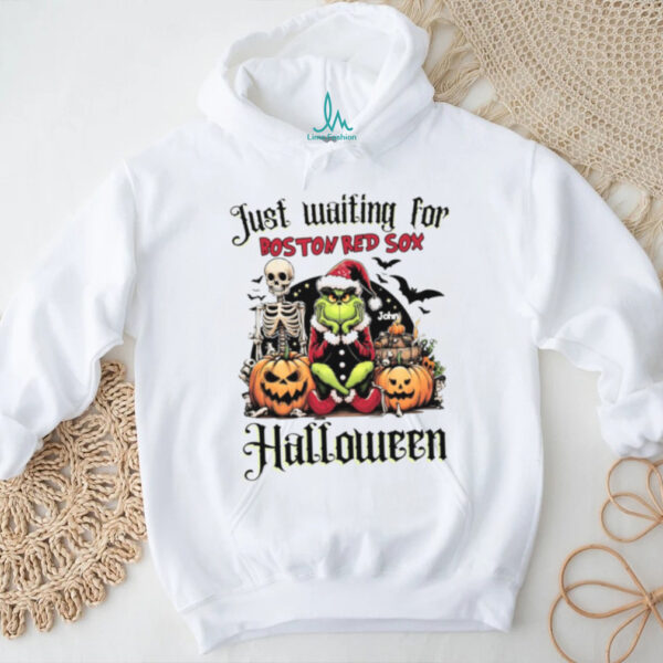 Boston Red Sox Just Waiting for Halloween Shirt – Personalized Grinch MLB Tee – Custom Name Spooky Baseball Gift