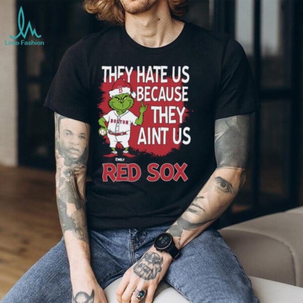Personalized Boston Red Sox Grinch Christmas Tee, Funny Santa Baseball Shirt with Quote They Hate Us Ain’t Us, MLB Gift