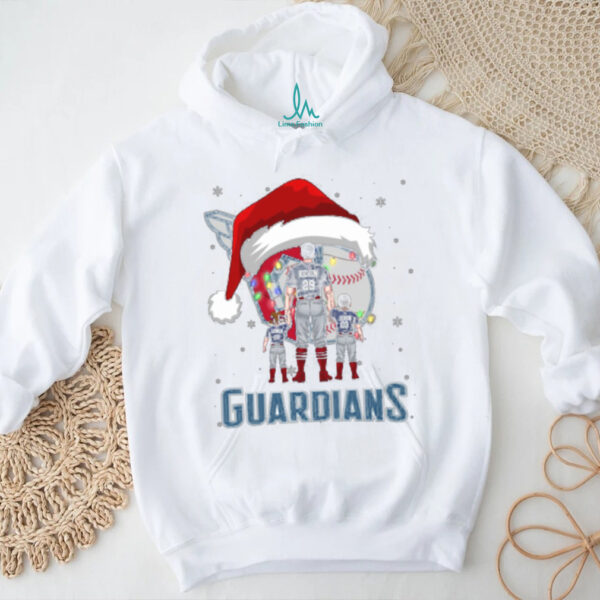 Cleveland Guardians Santa Christmas Lights Family Shirt – Custom Name MLB Tee – Personalized Holiday Baseball Gift for Fans