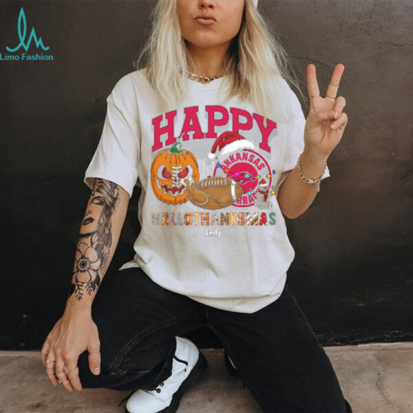 Custom Arkansas Razorbacks HalloThanksMas Shirt, Festive Holiday Tee with Pumpkin Football Santa Hat, NCAA Gift for Halloween Thanksgiving Christmas