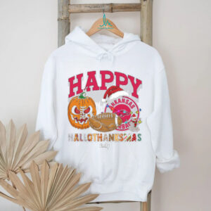 Custom Arkansas Razorbacks HalloThanksMas Shirt, Festive Holiday Tee with Pumpkin Football Santa Hat, NCAA Gift for Halloween Thanksgiving Christmas