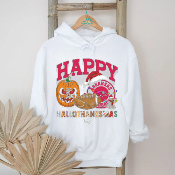 Custom Arkansas Razorbacks HalloThanksMas Shirt, Festive Holiday Tee with Pumpkin Football Santa Hat, NCAA Gift for Halloween Thanksgiving Christmas