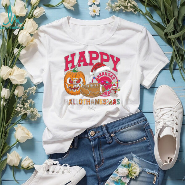 Custom Arkansas Razorbacks HalloThanksMas Shirt, Festive Holiday Tee with Pumpkin Football Santa Hat, NCAA Gift for Halloween Thanksgiving Christmas