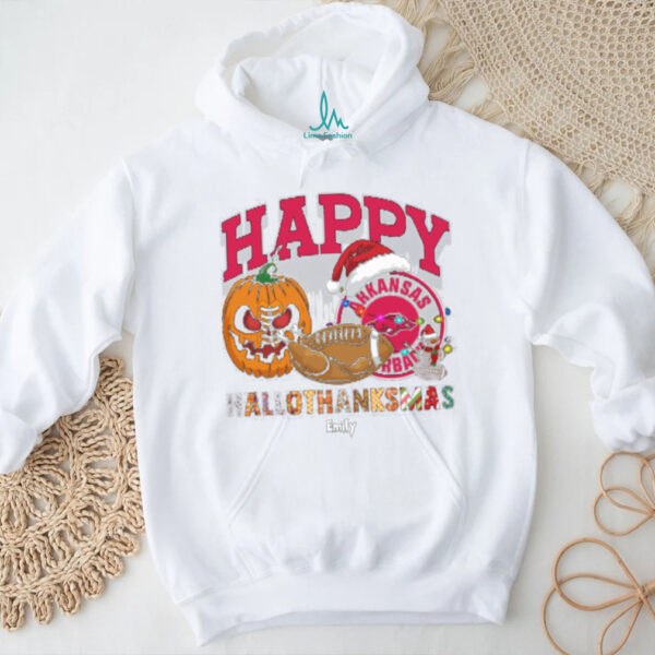 Custom Arkansas Razorbacks HalloThanksMas Shirt, Festive Holiday Tee with Pumpkin Football Santa Hat, NCAA Gift for Halloween Thanksgiving Christmas