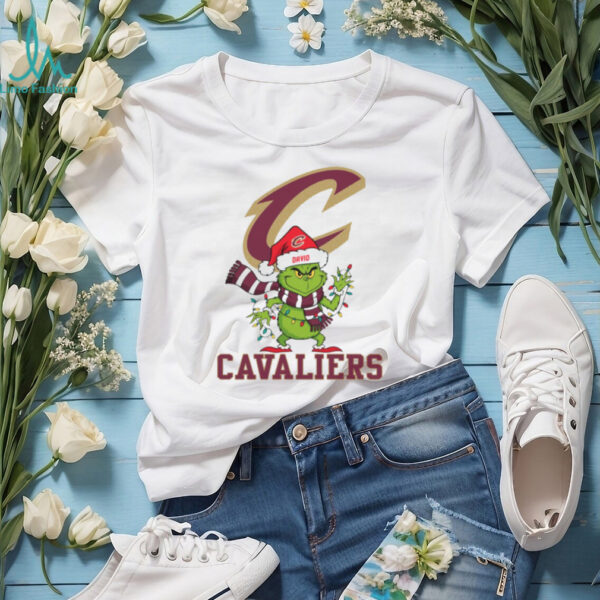Custom Cavaliers Grinch Christmas Tee, Funny Holiday Shirt with Santa Hat Lights Scarf, NBA Basketball Fan Gift