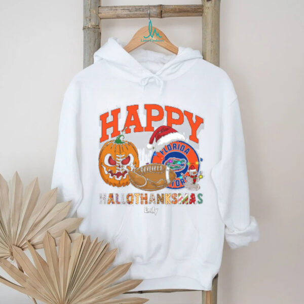 Custom Florida Gators HalloThanksMas Shirt, Cute Holiday Tee with Pumpkin Santa Hat Football, NCAA Gift for Halloween Thanksgiving Christmas