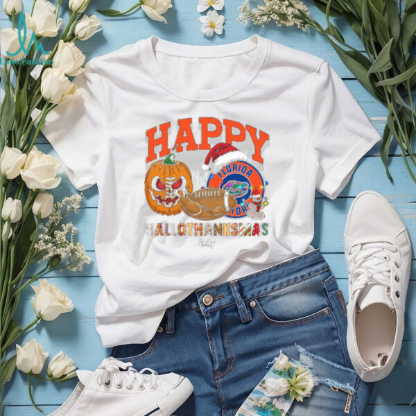Custom Florida Gators HalloThanksMas Shirt, Cute Holiday Tee with Pumpkin Santa Hat Football, NCAA Gift for Halloween Thanksgiving Christmas