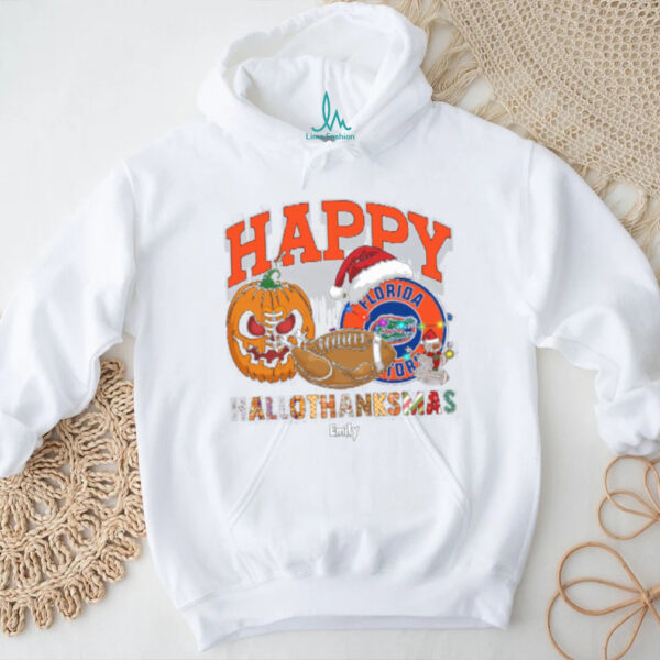 Custom Florida Gators HalloThanksMas Shirt, Cute Holiday Tee with Pumpkin Santa Hat Football, NCAA Gift for Halloween Thanksgiving Christmas