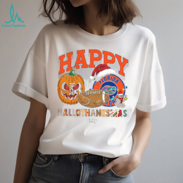 Custom Florida Gators HalloThanksMas Shirt, Cute Holiday Tee with Pumpkin Santa Hat Football, NCAA Gift for Halloween Thanksgiving Christmas