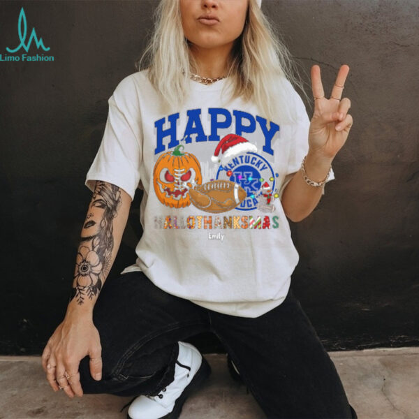 Custom Kentucky Wildcats HalloThanksMas Shirt, Festive Holiday Tee with Pumpkin Football Santa Hat, NCAA Gift for Halloween Thanksgiving Christmas