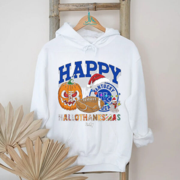Custom Kentucky Wildcats HalloThanksMas Shirt, Festive Holiday Tee with Pumpkin Football Santa Hat, NCAA Gift for Halloween Thanksgiving Christmas