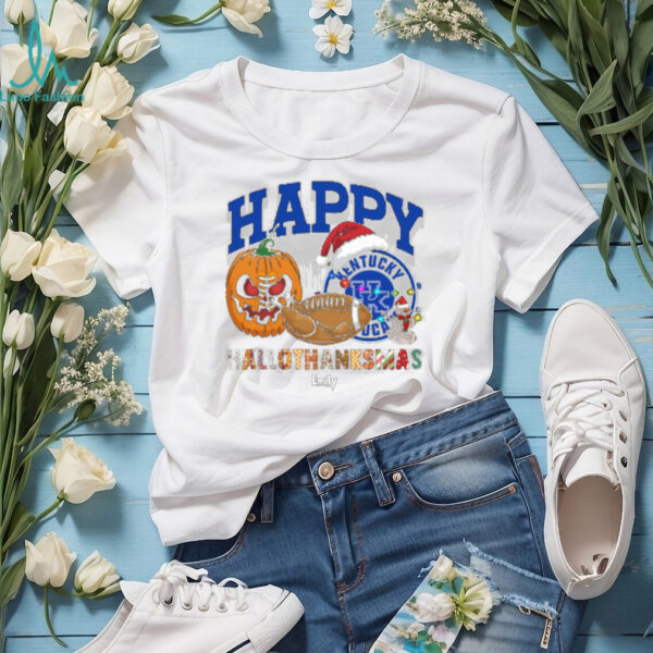 Custom Kentucky Wildcats HalloThanksMas Shirt, Festive Holiday Tee with Pumpkin Football Santa Hat, NCAA Gift for Halloween Thanksgiving Christmas