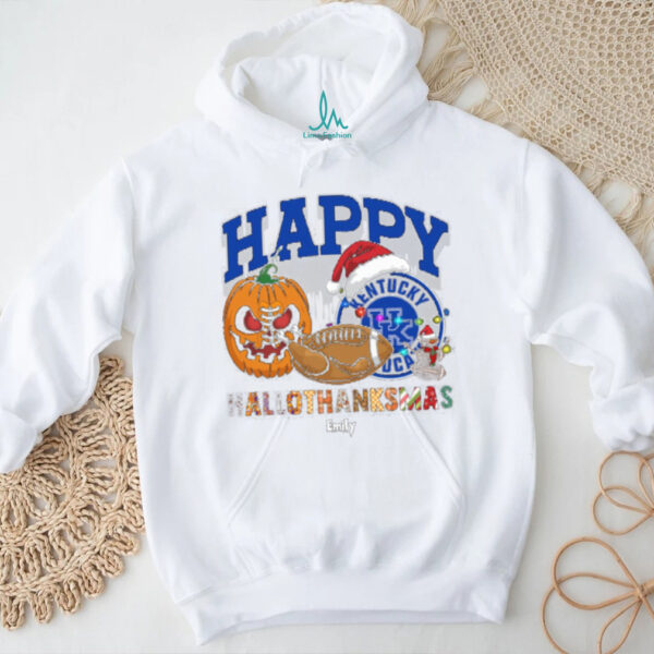 Custom Kentucky Wildcats HalloThanksMas Shirt, Festive Holiday Tee with Pumpkin Football Santa Hat, NCAA Gift for Halloween Thanksgiving Christmas