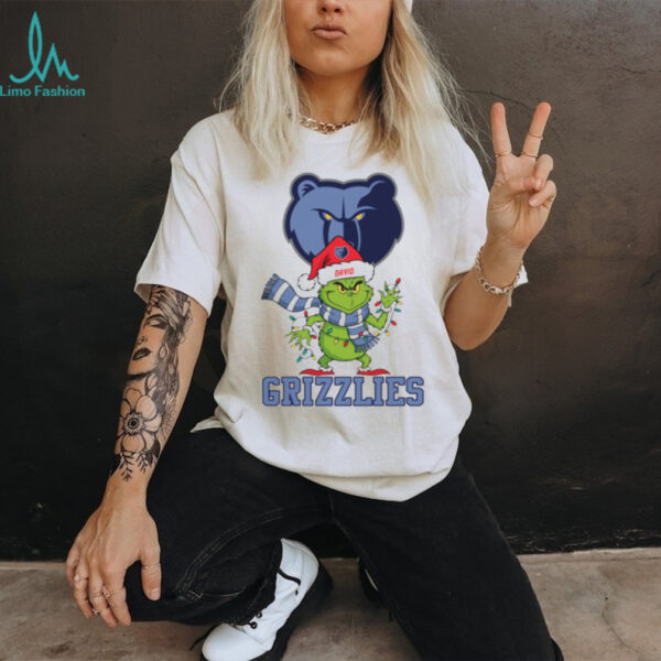 Custom Memphis Grizzlies Christmas Shirt, Funny Grinch Holiday Tee with Santa Hat Lights Scarf, NBA Basketball Gift