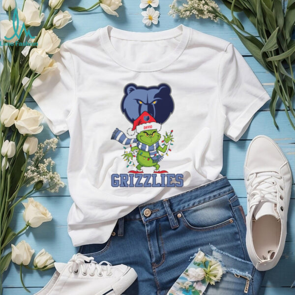 Custom Memphis Grizzlies Christmas Shirt, Funny Grinch Holiday Tee with Santa Hat Lights Scarf, NBA Basketball Gift