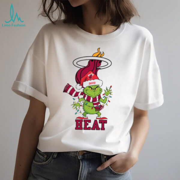 Custom Miami Heat Christmas Tee, Funny Grinch Holiday Shirt with Santa Hat Lights Scarf, NBA Basketball Fan Gift