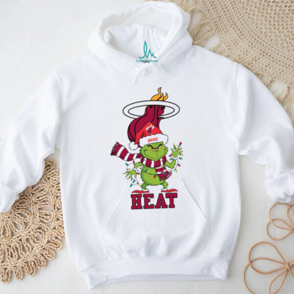Custom Miami Heat Christmas Tee, Funny Grinch Holiday Shirt with Santa Hat Lights Scarf, NBA Basketball Fan Gift