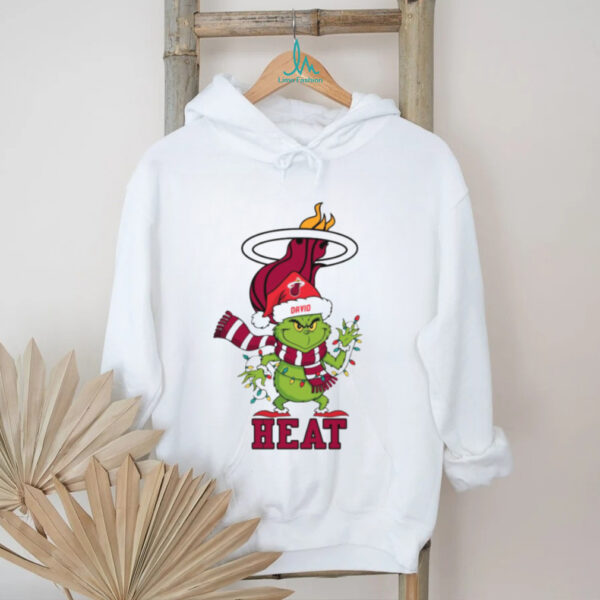 Custom Miami Heat Christmas Tee, Funny Grinch Holiday Shirt with Santa Hat Lights Scarf, NBA Basketball Fan Gift