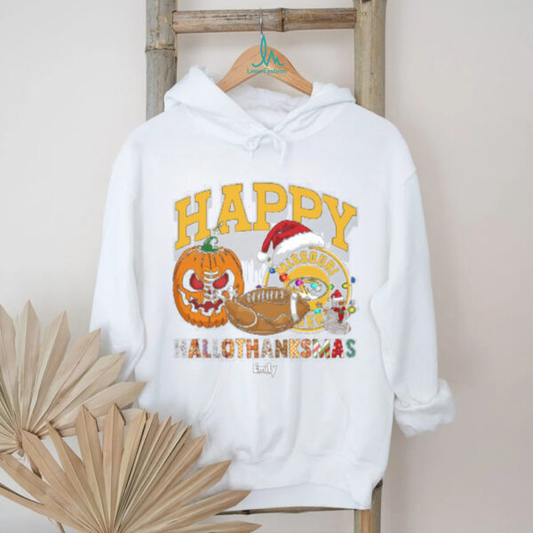 Custom Missouri Tigers HalloThanksMas Shirt, Cute Holiday Tee with Pumpkin Santa Hat Football, NCAA Gift for Halloween Thanksgiving Christmas