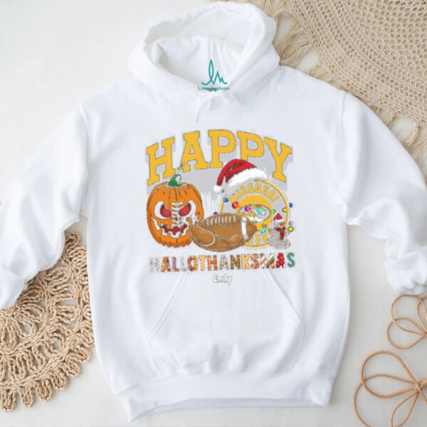 Custom Missouri Tigers HalloThanksMas Shirt, Cute Holiday Tee with Pumpkin Santa Hat Football, NCAA Gift for Halloween Thanksgiving Christmas