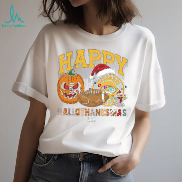 Custom Missouri Tigers HalloThanksMas Shirt, Cute Holiday Tee with Pumpkin Santa Hat Football, NCAA Gift for Halloween Thanksgiving Christmas