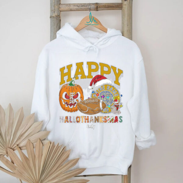 Custom Notre Dame Fighting Irish HalloThanksMas Shirt, Festive Holiday Tee with Pumpkin Football Santa Hat, NCAA Gift for Halloween Thanksgiving Christmas