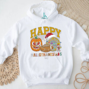 Custom Notre Dame Fighting Irish HalloThanksMas Shirt, Festive Holiday Tee with Pumpkin Football Santa Hat, NCAA Gift for Halloween Thanksgiving Christmas
