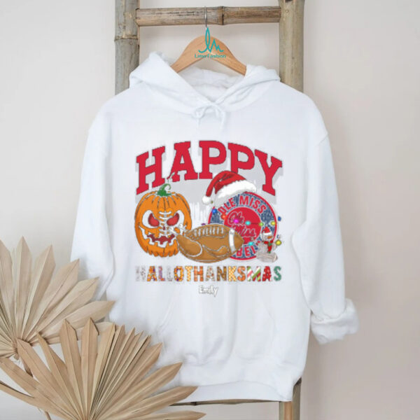 Custom Ole Miss Rebels HalloThanksMas Shirt, Festive Holiday Tee with Pumpkin Football Santa Hat, NCAA Gift for Halloween Thanksgiving Christmas