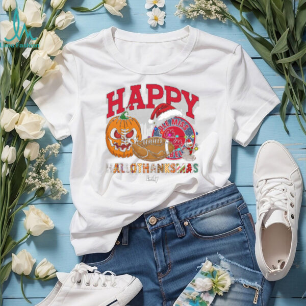 Custom Ole Miss Rebels HalloThanksMas Shirt, Festive Holiday Tee with Pumpkin Football Santa Hat, NCAA Gift for Halloween Thanksgiving Christmas