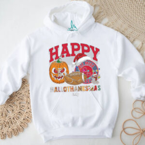 Custom Ole Miss Rebels HalloThanksMas Shirt, Festive Holiday Tee with Pumpkin Football Santa Hat, NCAA Gift for Halloween Thanksgiving Christmas