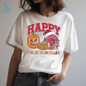 Custom Ole Miss Rebels HalloThanksMas Shirt, Festive Holiday Tee with Pumpkin Football Santa Hat, NCAA Gift for Halloween Thanksgiving Christmas