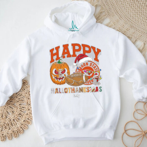 Custom Oregon State Beavers HalloThanksMas Shirt, Cute Holiday Tee with Pumpkin Santa Hat Football, NCAA Gift for Halloween Thanksgiving Christmas