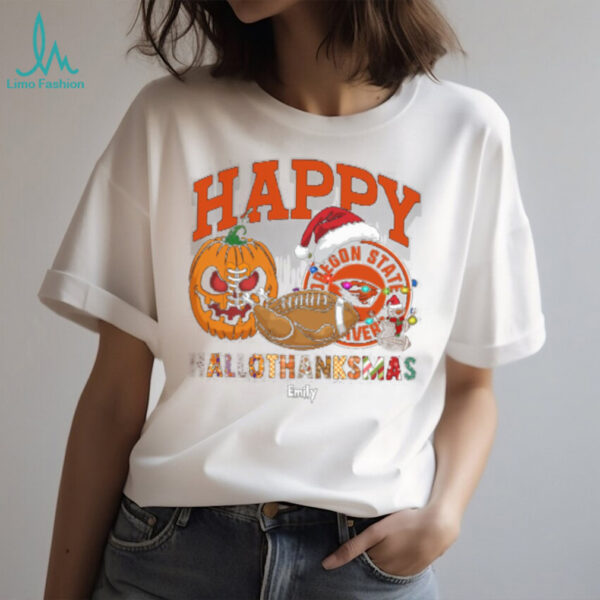 Custom Oregon State Beavers HalloThanksMas Shirt, Cute Holiday Tee with Pumpkin Santa Hat Football, NCAA Gift for Halloween Thanksgiving Christmas