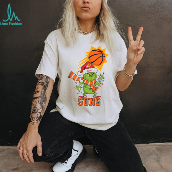 Custom Phoenix Suns Holiday Tee, Grinch Christmas Shirt with Santa Hat Lights Scarf, Funny NBA Basketball Fan Gift