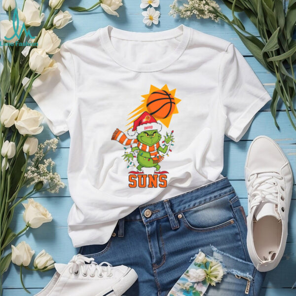 Custom Phoenix Suns Holiday Tee, Grinch Christmas Shirt with Santa Hat Lights Scarf, Funny NBA Basketball Fan Gift