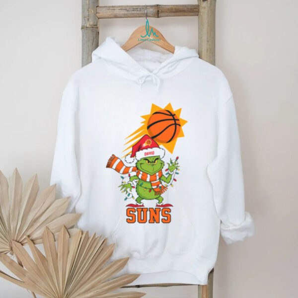 Custom Phoenix Suns Holiday Tee, Grinch Christmas Shirt with Santa Hat Lights Scarf, Funny NBA Basketball Fan Gift