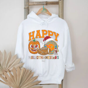 Custom Tennessee Volunteers HalloThanksMas Shirt, Cute Holiday Tee with Pumpkin Santa Hat Football, NCAA Gift for Halloween Thanksgiving Christmas