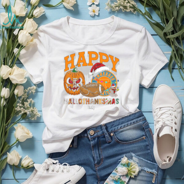Custom Tennessee Volunteers HalloThanksMas Shirt, Cute Holiday Tee with Pumpkin Santa Hat Football, NCAA Gift for Halloween Thanksgiving Christmas