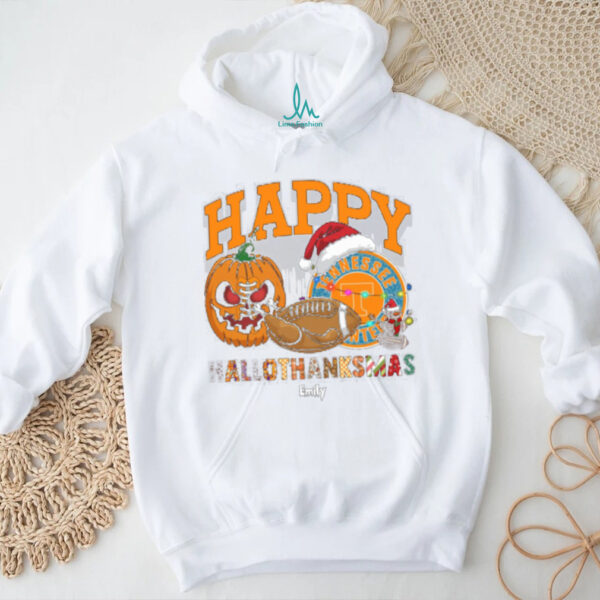 Custom Tennessee Volunteers HalloThanksMas Shirt, Cute Holiday Tee with Pumpkin Santa Hat Football, NCAA Gift for Halloween Thanksgiving Christmas