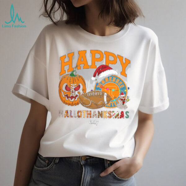 Custom Tennessee Volunteers HalloThanksMas Shirt, Cute Holiday Tee with Pumpkin Santa Hat Football, NCAA Gift for Halloween Thanksgiving Christmas