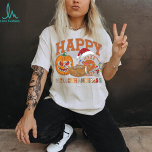 Custom Texas Longhorns HalloThanksMas Shirt, Festive Holiday Tee with Pumpkin Football Santa Hat, NCAA Gift for Halloween Thanksgiving Christmas