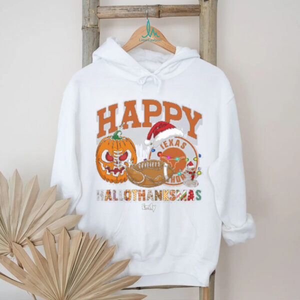 Custom Texas Longhorns HalloThanksMas Shirt, Festive Holiday Tee with Pumpkin Football Santa Hat, NCAA Gift for Halloween Thanksgiving Christmas