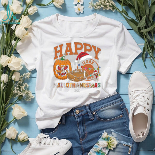Custom Texas Longhorns HalloThanksMas Shirt, Festive Holiday Tee with Pumpkin Football Santa Hat, NCAA Gift for Halloween Thanksgiving Christmas